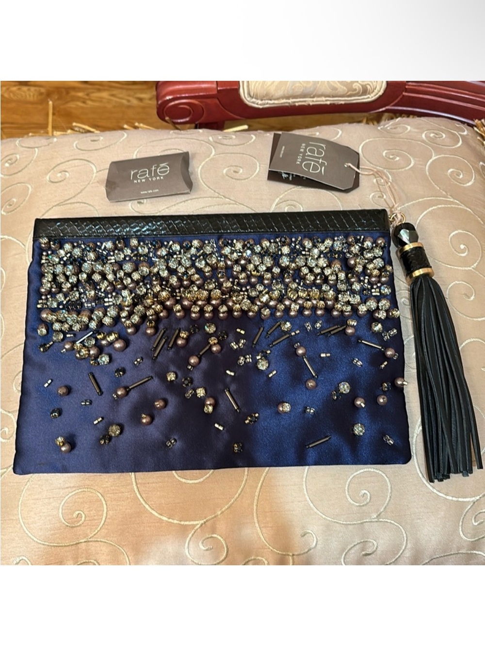 Rafe New York LG GELIA blue satin leather trimmed embellished studded clutch